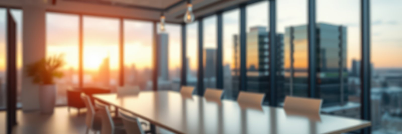 Modern office interior with a sunset view over the city skyline during evening hours
